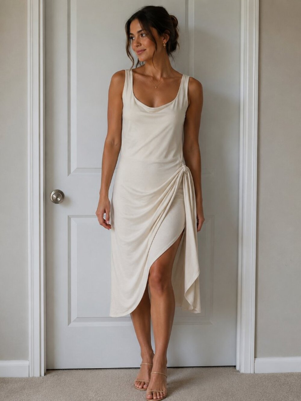 ☀️ Wilfred Ivory Draped Side-Knot Mini Dress
